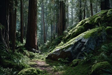 Moss-covered path in a redwood forest. Sunlight filters through towering trees
