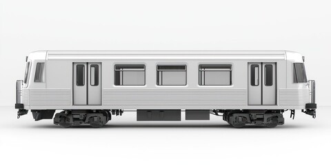 Naklejka premium A modern, sleek train car with a silver exterior and multiple windows. The train car is positioned on a track, suggesting it is part of a larger train set. T
