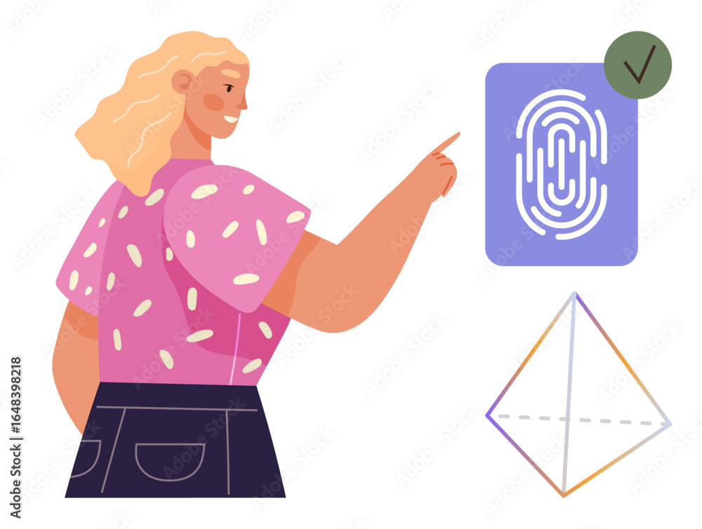 Poster smiling woman pointing at biometric fingerprint scanner with verification checkmark above geometric 