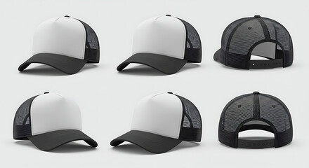 Realistic 3D render of a blank trucker hat in multiple angles. A versatile mockup template for apparel branding and design.