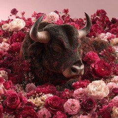 The Crimson Guardian | A majestic photorealistic ox with deep black and red fur resting among lush peonies and roses. A symbol of strength, protection, and floral elegance.