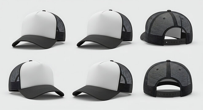 Realistic 3D render of a blank trucker hat in multiple angles. A versatile mockup template for apparel branding and design.
