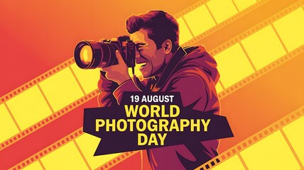 Bold orange gradient poster with photographer silhouette and film strips for world photography day on august 19