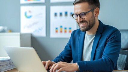 Confident businessman in sharp blue blazer smiling while working on laptop amidst modern office analytics displays charts and graphs presenting successful results