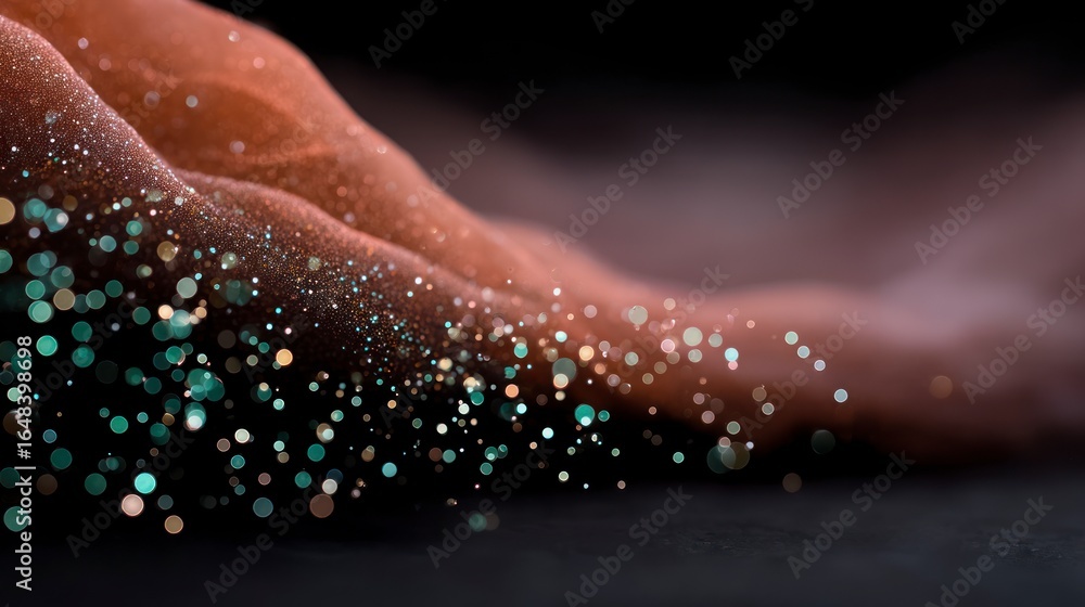Poster abstract flowing waves with shimmering particles and bokeh lights on a dark background