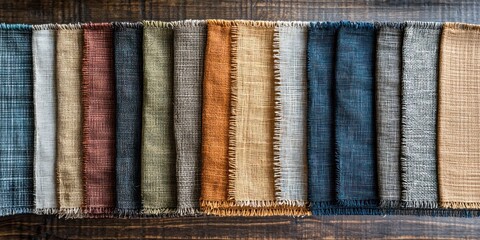 A collection of fabric swatches arranged in a row, showcasing various textures and colors. The swatches are neatly laid out on a wooden surface