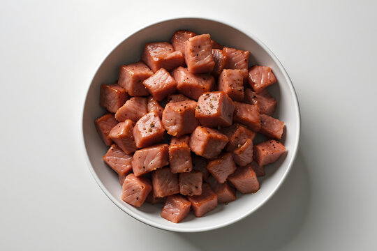 Bowl of diced spam isolated on white background, a popular canned meat