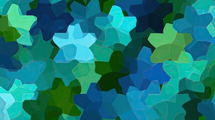 Abstract pattern of star-like shapes in teal, blue, and green