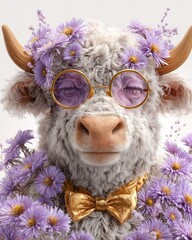 Serene Aster King | Majestic cartoon ox with soft curled fur, eyes closed in peaceful calm. Crowned with asters, golden bow tie and rose-tinted glasses. Ideal for spiritual and premium autumn designs.