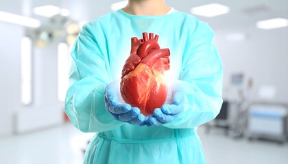 Cardiologist in sterile scrubs holding a glowing human heart, symbolizing hope, organ donation, and advanced medical care.