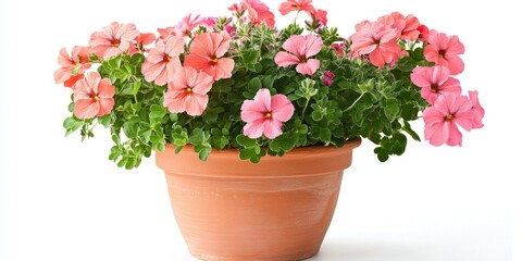 A terracotta pot filled with vibrant pink flowers and lush green foliage, set against a plain white background. The flowers are in full bloom, creating a cheerful and colorful display.