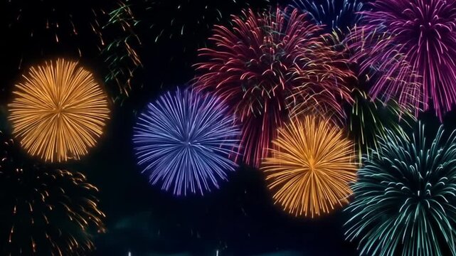 Colorful Fireworks Display at Night with Celebration, Festive, New Year, and Event.