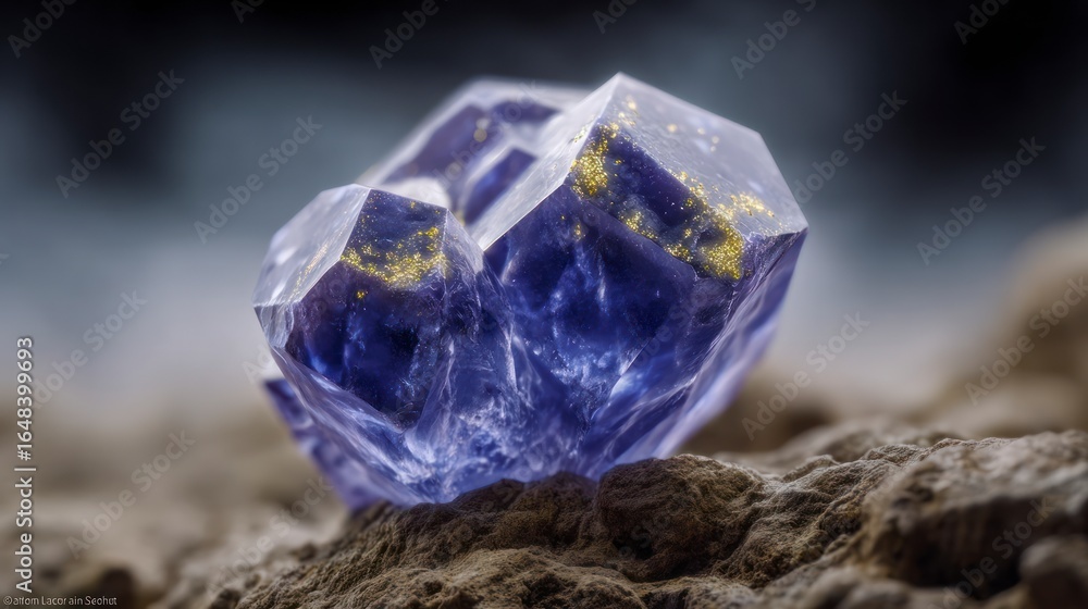 Poster a close up macro shot of a deep blue faceted crystal with golden flecks resting on rough textured gr