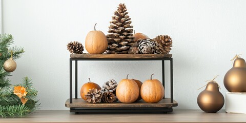 A festive autumnal display featuring pinecones, pumpkins, and decorative gourds arranged on a two-tiered stand. The background includes a simple white wall 
