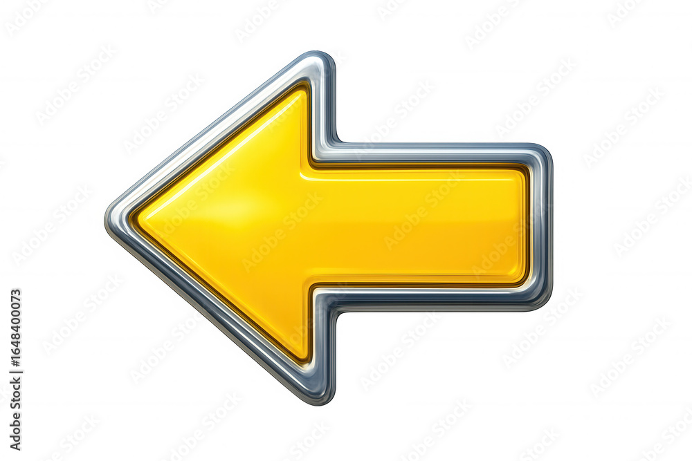 Poster metallic-edged yellow arrow directing leftward, gleaming against transparent backdrop, signaling nav