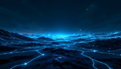A digital landscape with glowing blue lines and dark hills under a starry night sky view from above