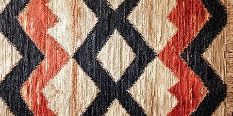 A close-up of a traditional textile with a geometric pattern featuring black, orange, and cream colors. The fabric appears to be woven with a textured surface, possibly made of natural fibers.