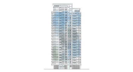 Architectural drawing of a modern tall residential building with many apartments