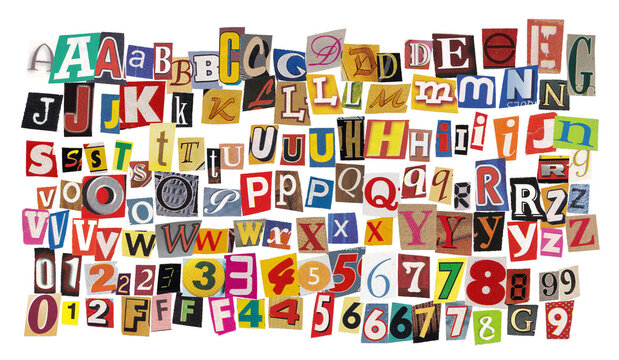  Colorful collage font, vintage newspaper cutout alphabet for ransom note. Grunge paper cut out letters and numbers, anonymous letter style typeface with hand drawn doodle elements vector illustration