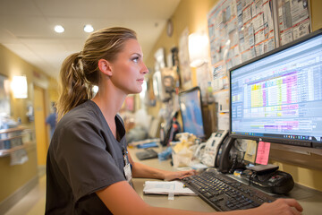 Registered nurse reviews patient charts on a computer monitor at nursing station