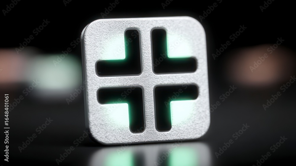 Aufkleber close up of a textured metallic square object with glowing green segments