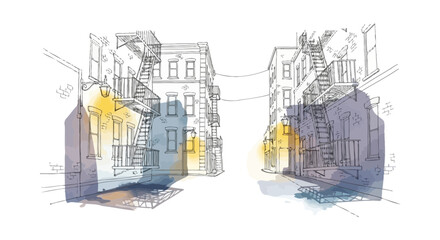 Fototapeta premium Architectural Sketch of Urban Buildings with Fire Escapes and Vivid Accents