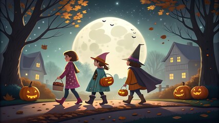 Three children in Halloween costumes walk under a giant full moon, collecting candy