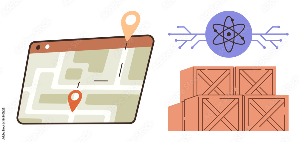 Poster digital map with location pins represents gps navigation, adjacent to stacked crates and an atom-sty