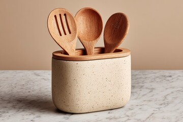 Wooden utensils in speckled ceramic holder