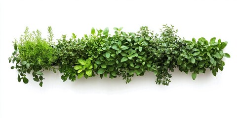 Obraz premium A horizontal arrangement of various green herbs against a plain white background. The herbs are densely packed and appear fresh, with a natural, organic texture.