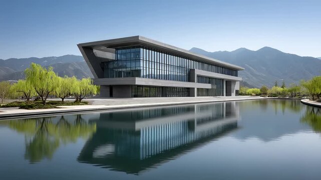 Modern Architecture Lake Reflection Business Office Environment