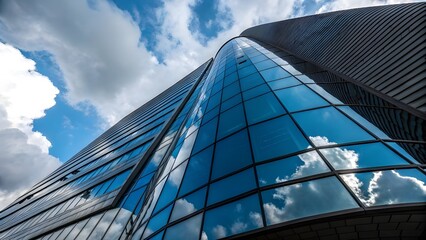 Obraz premium Modern Glass Skyscraper Reflecting Blue Sky and Clouds