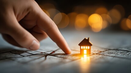 A hand points at a miniature illuminated house on a map, symbolizing real estate decisions and exploration.