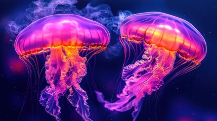 Two vibrant jellyfish, glowing pink and orange, float in a dark underwater scene