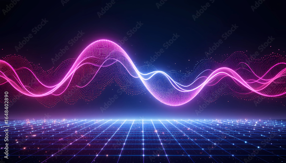 Poster abstract glowing waves above a neon grid surface with a dark background and vibrant color scheme