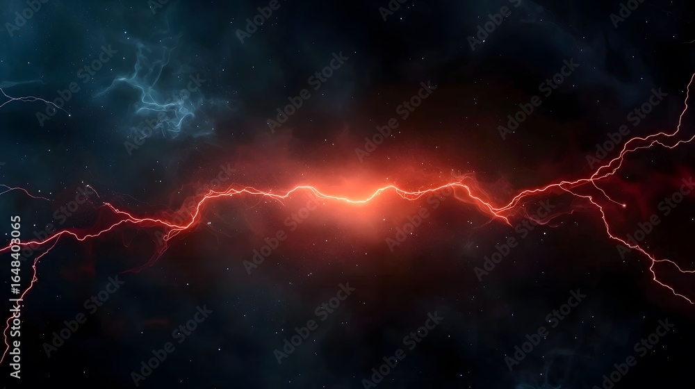 Poster an image displays an intense red electrical discharge splitting across a dark, nebula-filled space, 