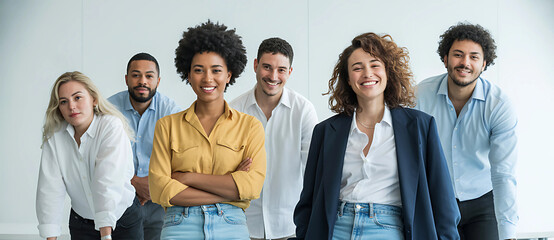 Diverse group of smiling professionals posing confidently together, representing modern teamwork and collaborative business success in a bright, airy office setting.
