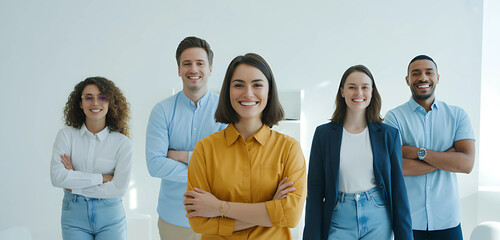 Diverse team of five professionals smiling confidently in a bright, modern office, embodying collaboration and success