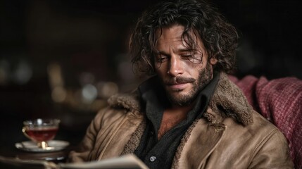 Reflective Moment: Man Reading with Cozy Comfort and Thoughtful Expression in Rustic Setting