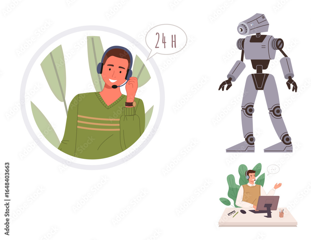Poster customer support representative with headset talking, robot assistant, and employee using a computer