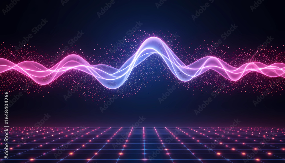 Poster abstract glowing wave with pink and blue neon lights on a dark background and grid floor pattern