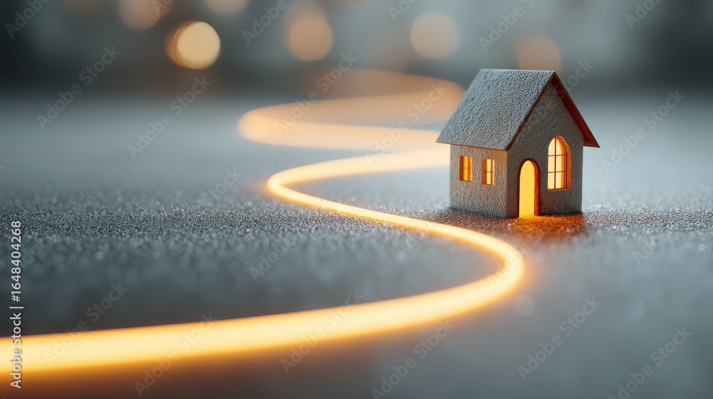 Poster a miniature house illuminated by a glowing path, creating a whimsical atmosphere with blurred lights