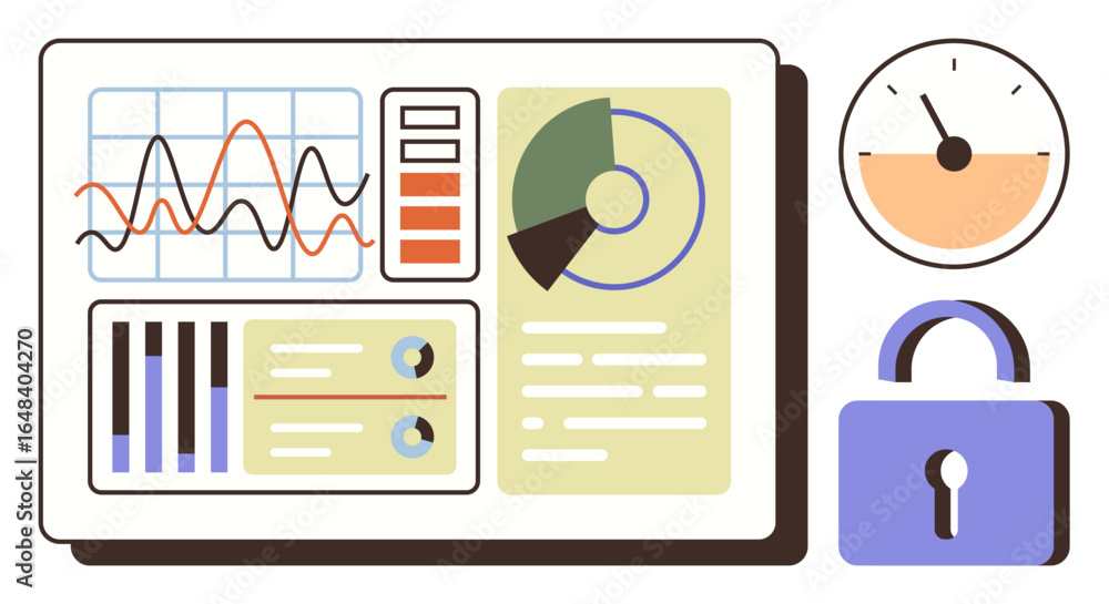 Poster data dashboard featuring graphs, charts, gauge, and lock icon for analytics, performance, security, 