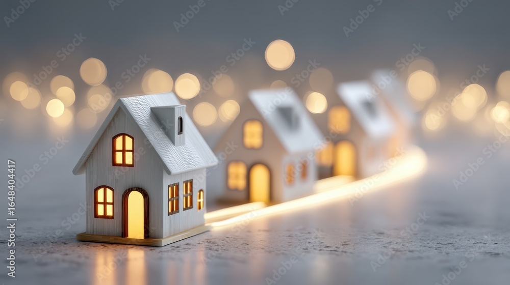 Poster a serene scene featuring miniature houses illuminated by warm lights, creating a cozy and enchanting