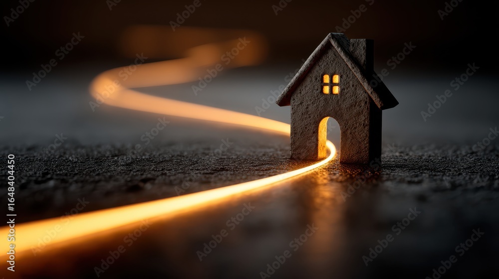Poster a miniature house with a glowing pathway illuminated by light, creating a warm and inviting atmosphe