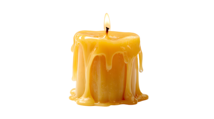 A lit, short candle with melted wax dripping down its sides, set against a clean white background