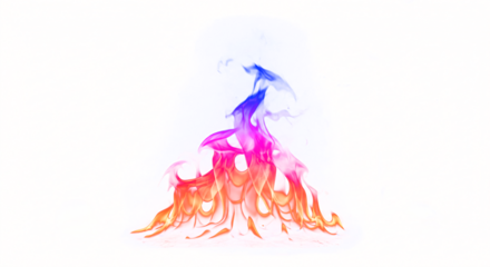 Vibrant multicolored flame with orange pink and blue hues dancing upwards.