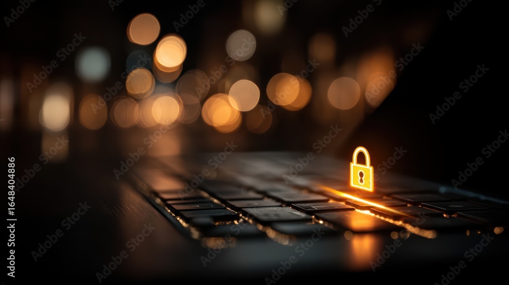 Poster a glowing padlock icon sits on a keyboard, symbolizing digital security, with blurred lights creatin
