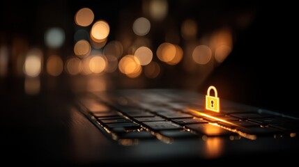 A glowing padlock icon sits on a keyboard, symbolizing digital security, with blurred lights creating a moody background.