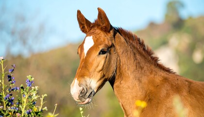 Chestnut foal portrait, soft light, blurred wildflowers